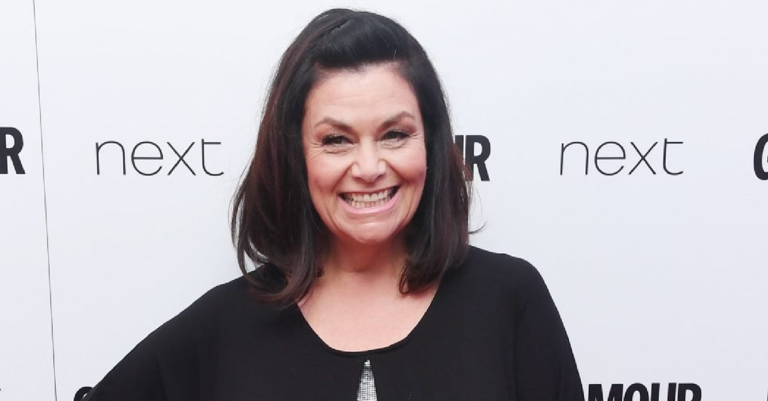 Dawn French smiling with her hair coloured black