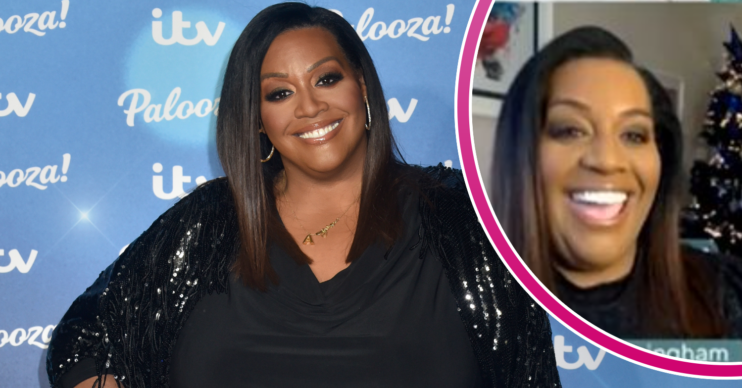 Split image of Alison Hammond posing and on a video link