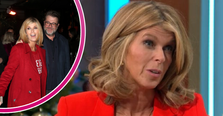 Kate Garraway wearing red and with Derek inset