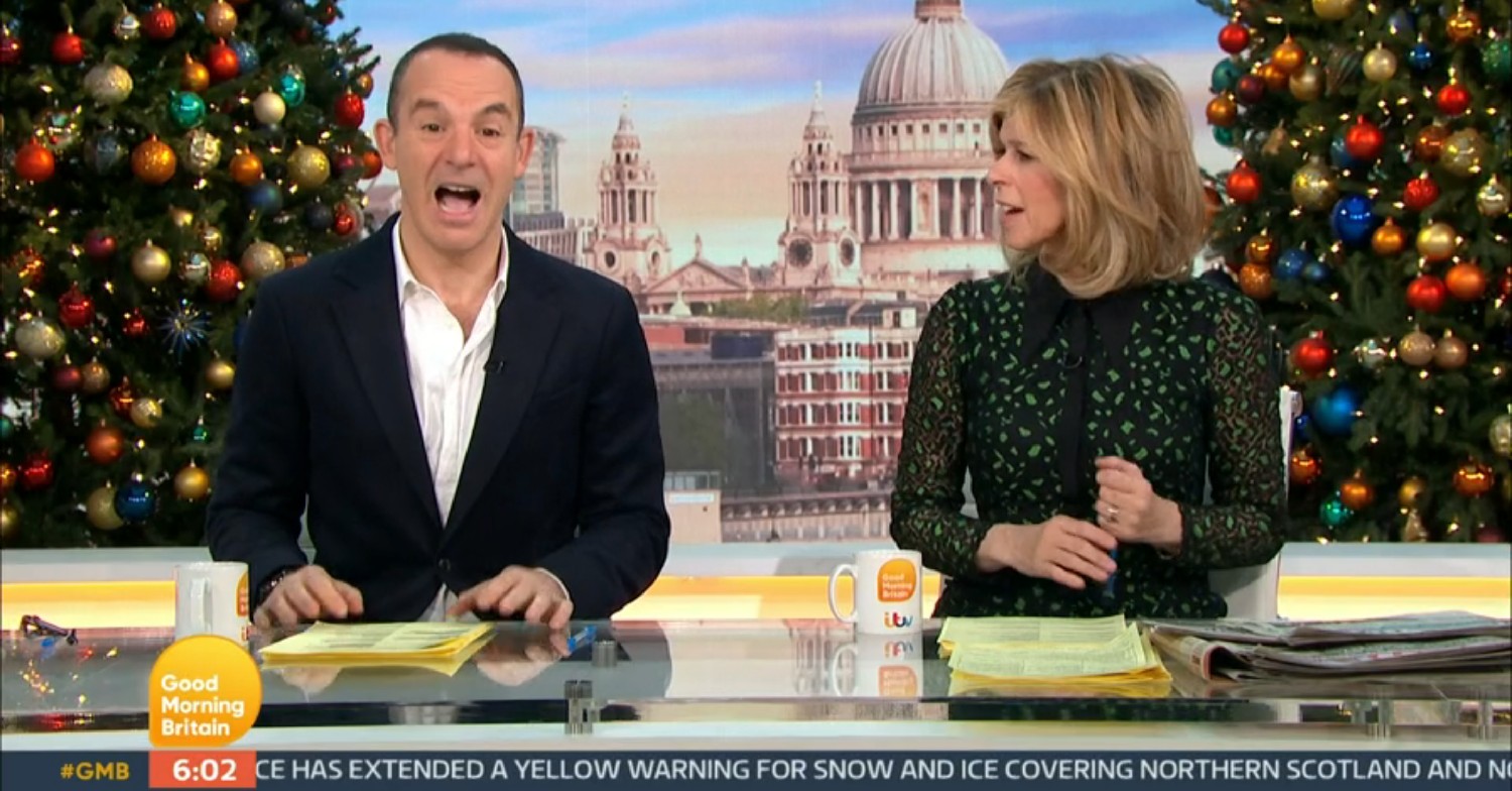 Martin Lewis shouting as Kate Garraway watches on on GMB today 