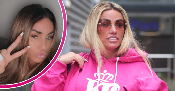 Split image of Katie Price, a selfie and a shot of her walking in the street