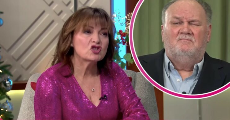 Lorraine Kelly in purple dress today and Meghan Markle's dad Thomas in interview
