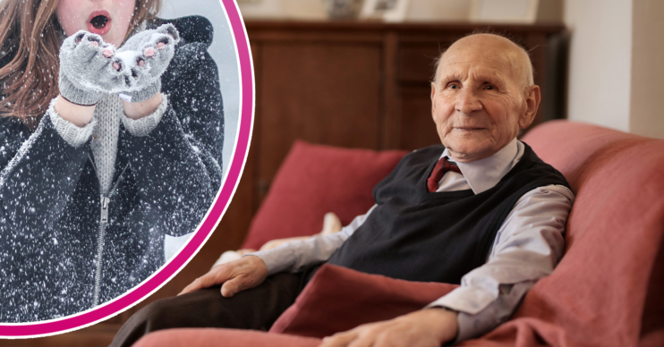Weather warning: Woman in the snow and an old man at home