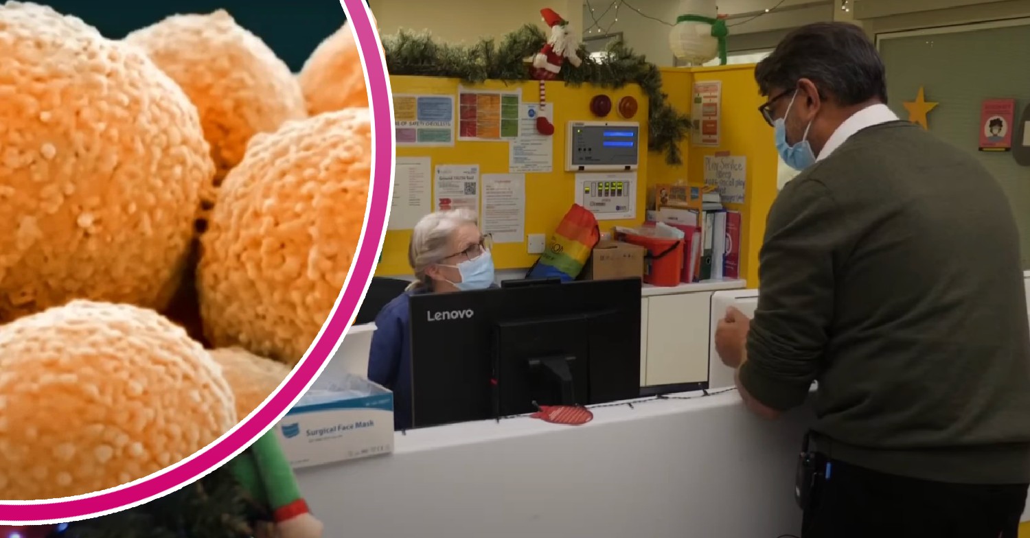 Strep A bacteria, man at a UK GP reception desk