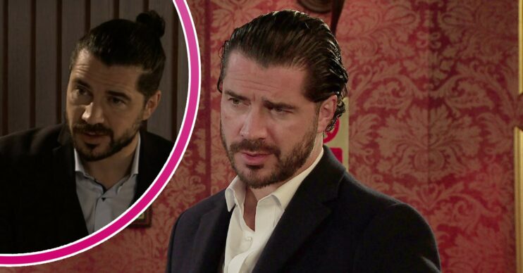 Adam Barlow looking concerned and wearing a man bun in Corrie