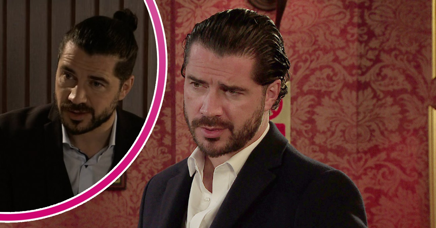 Adam Barlow looking concerned and wearing a man bun in Corrie