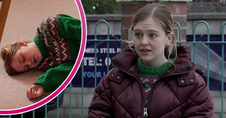 Coronation Street's Summer looking worried and passing out in the floor
