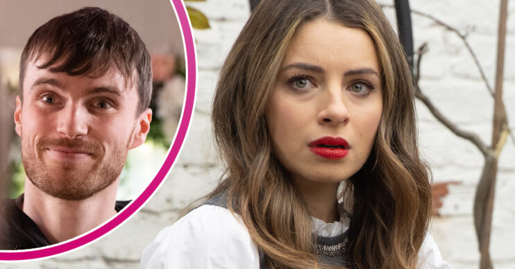 Coronation Street's Daisy is looking scared and, in a bubble, Justin is smiling
