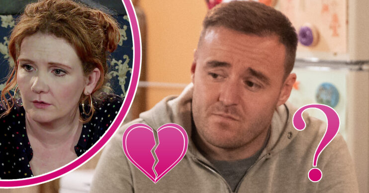 Coronation Street's Tyrone is looking upset and, in a bubble, Fiz is looking teary-eyed with a broken heart and question mark emoji
