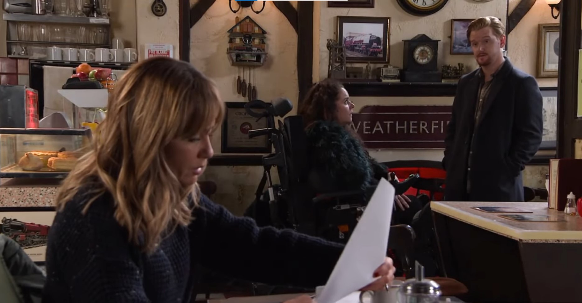 Coronation Street Maria Izzy and Gary in the cafe