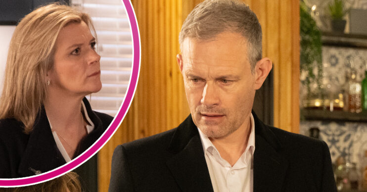 Coronation Street's Nick is looking concerned and, in a bubble, Leanne is looking furious