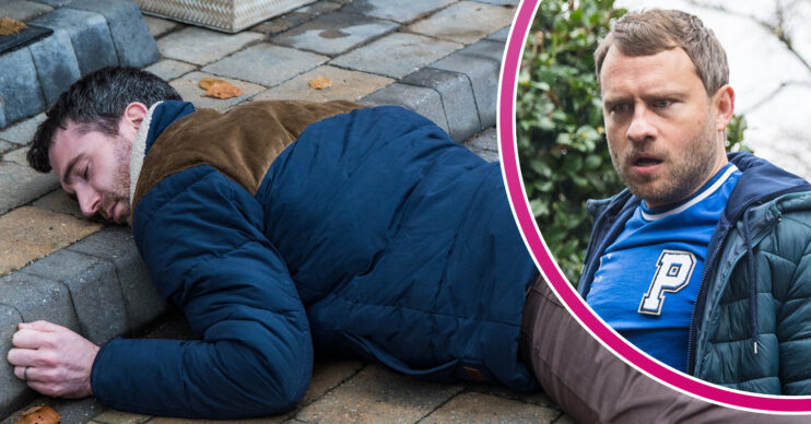 Coronation Street's Mike is lying on the floor unconscious and, in a bubble, Paul is looking shocked