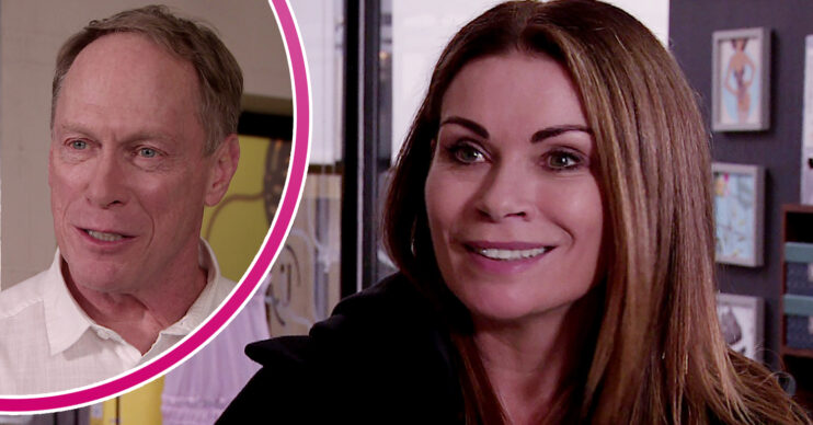 Coronation Street's Carla is smiling and, in a bubble, Stephen is looking like he's chewing a wasp