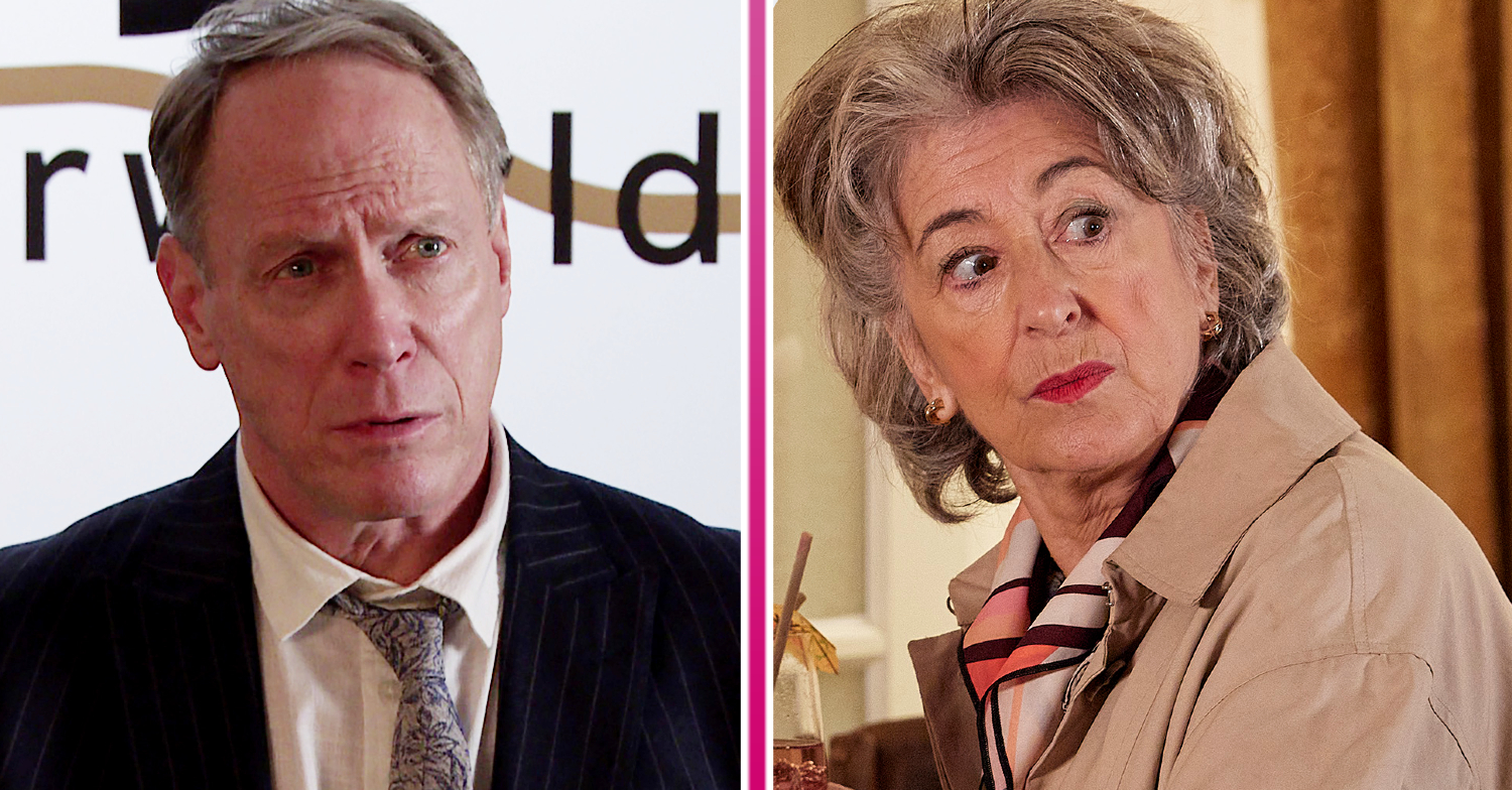 Coronation Street's Stephen is looking worried and Evelyn is looking inquisitive