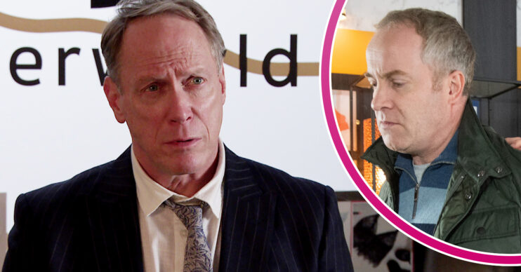 Coronation Street's Stephen is looking worried and, in a bubble, Teddy is about to be murdered