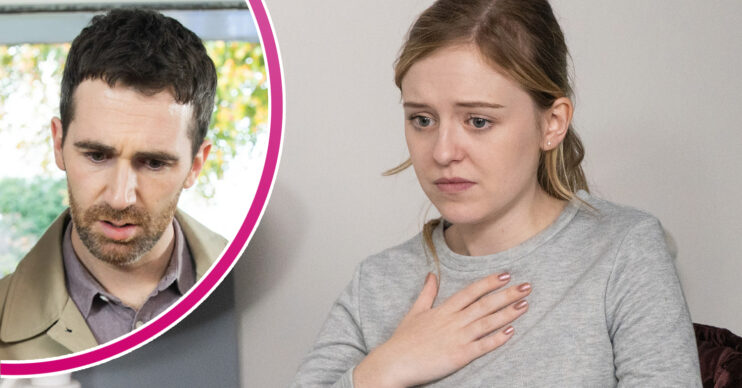 Coronation Street's Summer is holding a hand to her chest whilst looking heartbroken and, in a bubble, Mike is looking angry