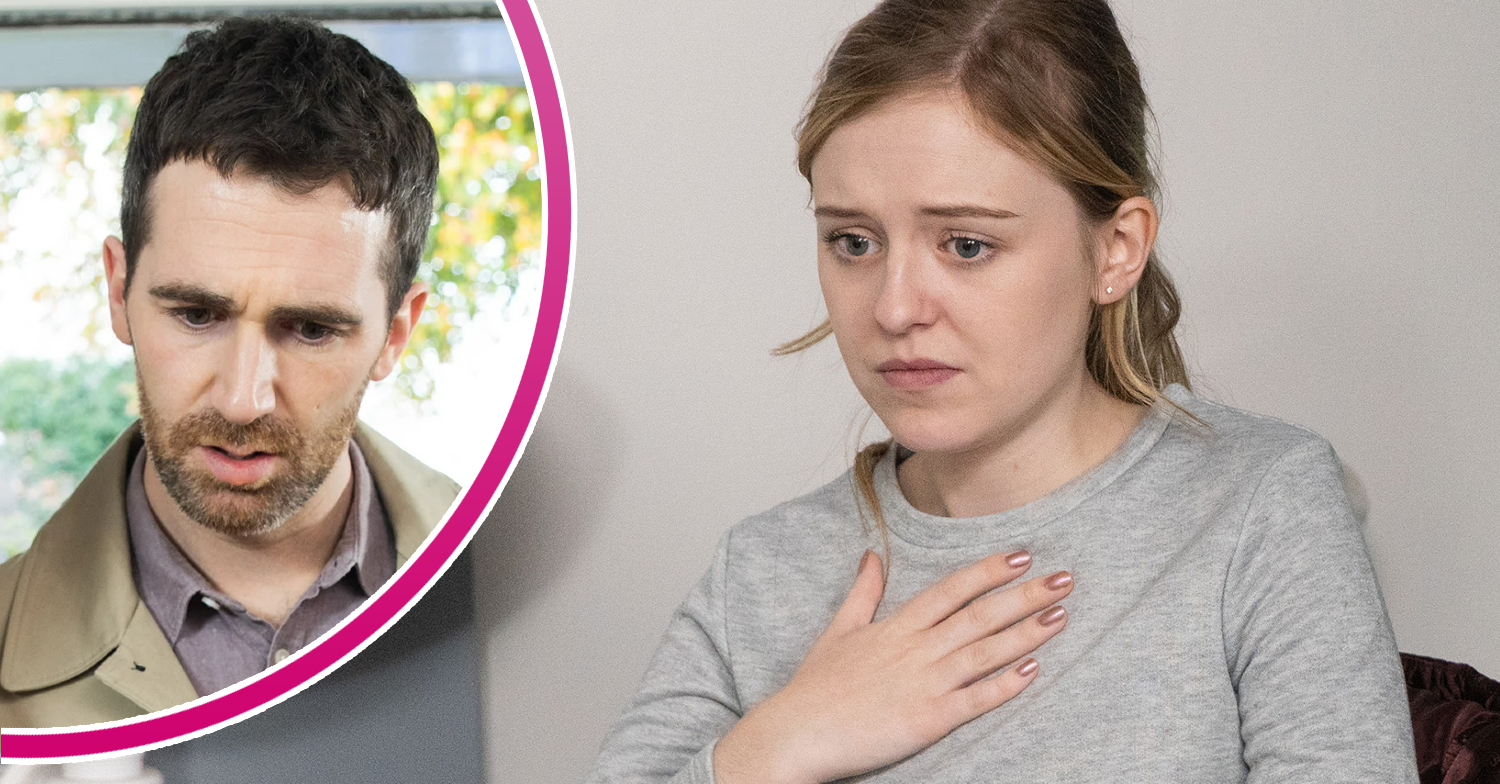 Coronation Street's Summer is holding a hand to her chest whilst looking heartbroken and, in a bubble, Mike is looking angry