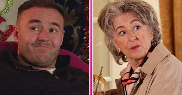 Coronation Street's Tyrone is smiling and Evelyn is looking inquisitive
