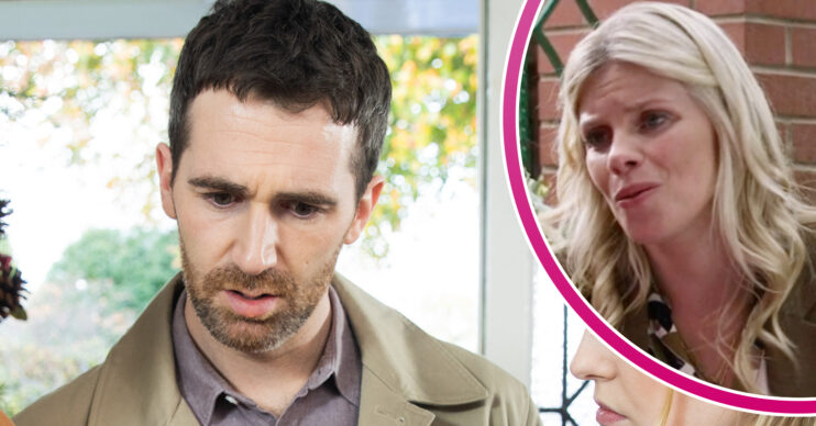 Coronation Street's Mike is looking worried and, in a bubble, Esther is looking concerned