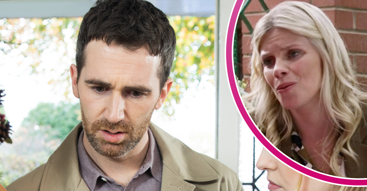 Coronation Street's Mike is looking worried and, in a bubble, Esther is looking concerned