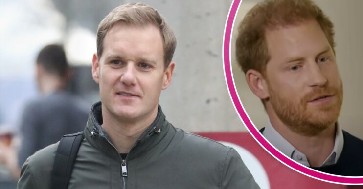 Dan Walker smiling outside BBC studios, Prince Harry during ITV interview