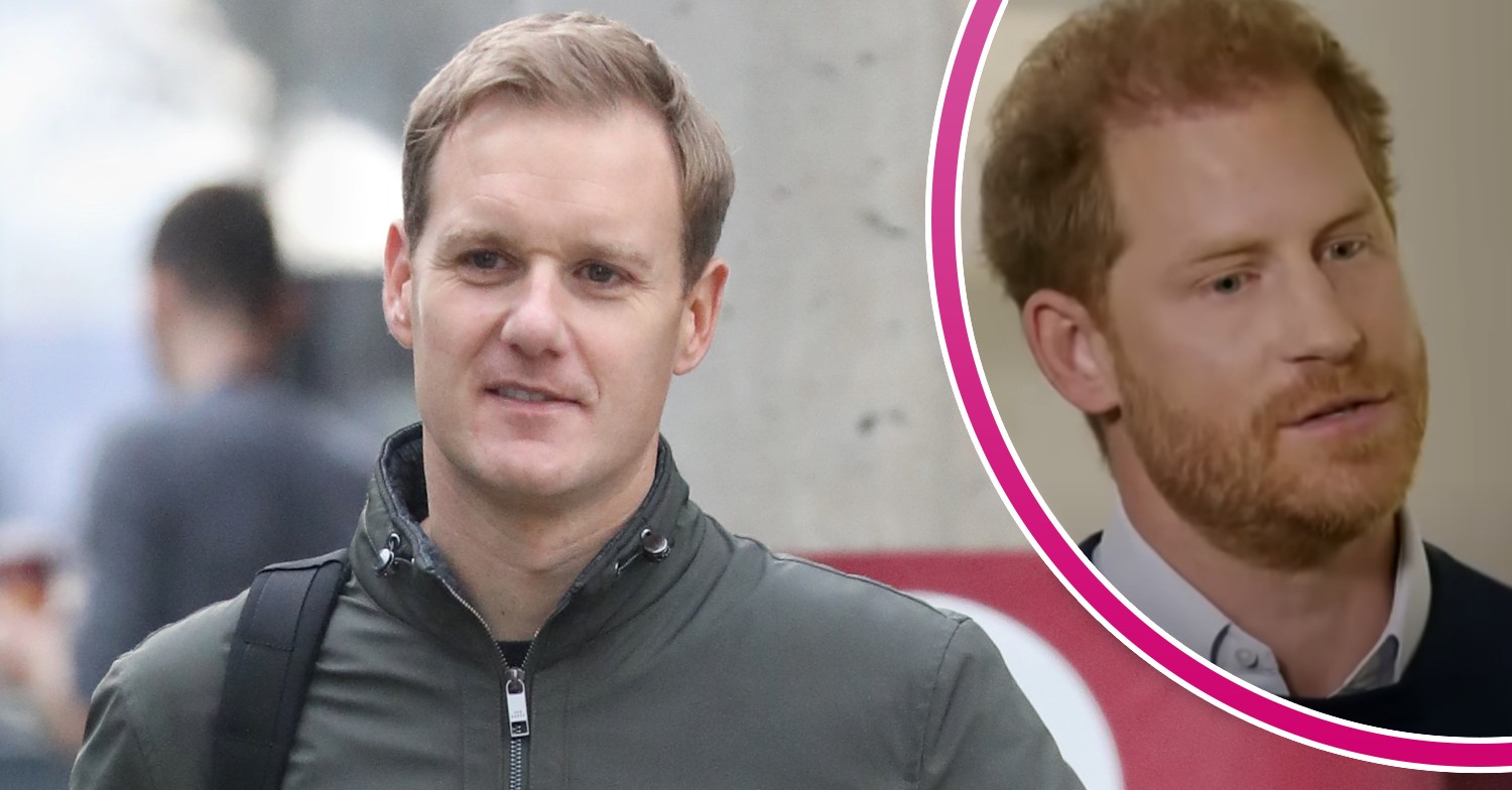 Dan Walker smiling outside BBC studios, Prince Harry during ITV interview
