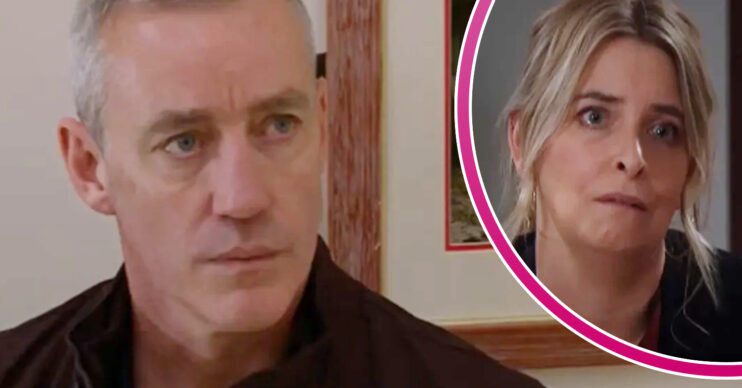 Emmerdale's DI Mark Bails, and in a bubble is Charity Dingle