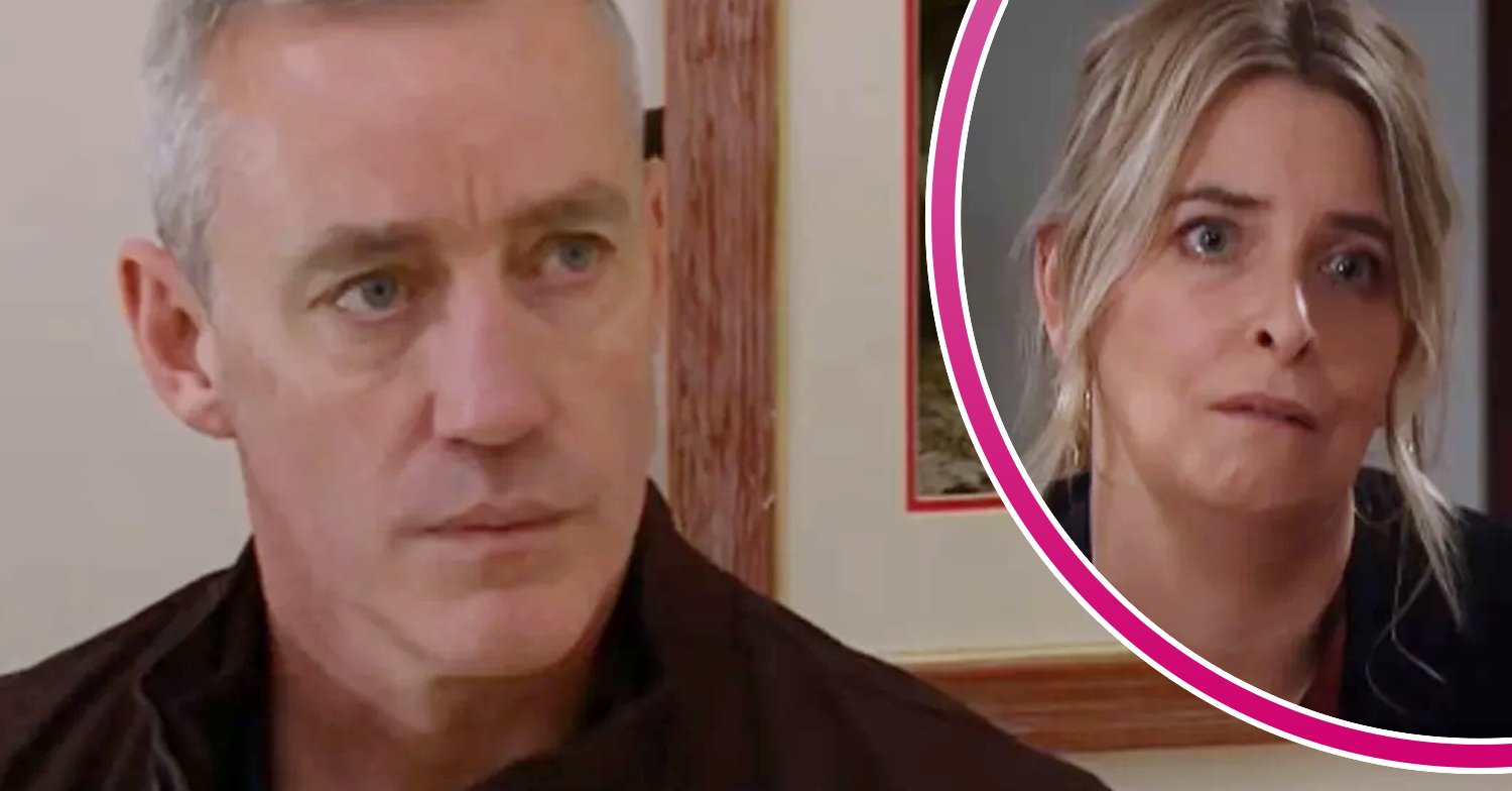 Emmerdale's DI Mark Bails, and in a bubble is Charity Dingle