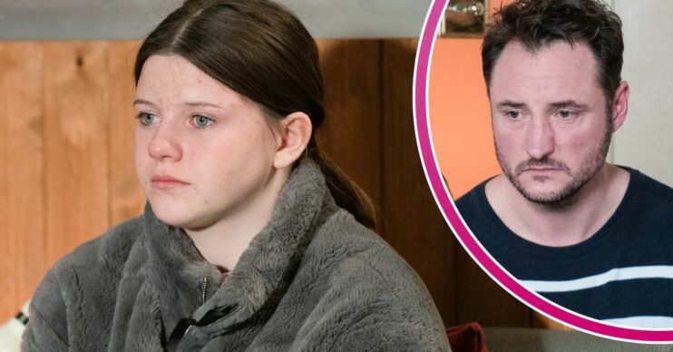 EastEnders' Lily is looking upset and, in a bubble, Martin is looking upset