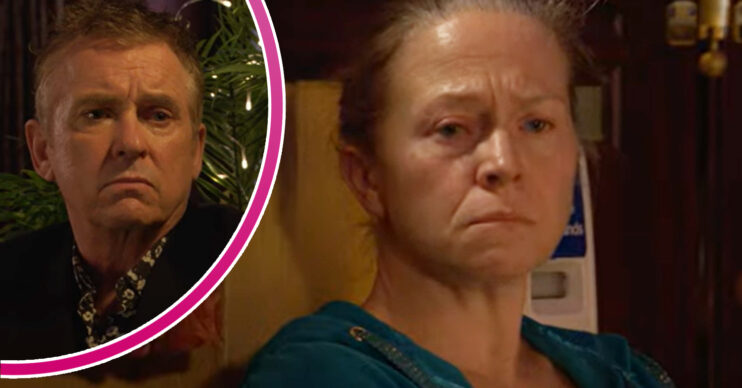 EastEnders' Linda is crying and, in a bubble, Alfie is looking upset