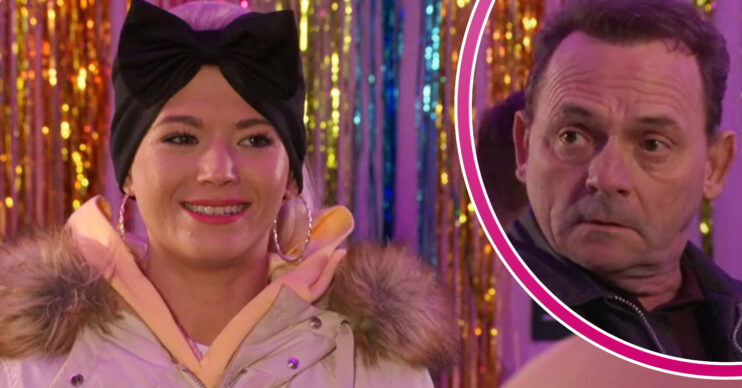 EastEnders' Lola is smiling and, in a bubble, Billy is looking worried