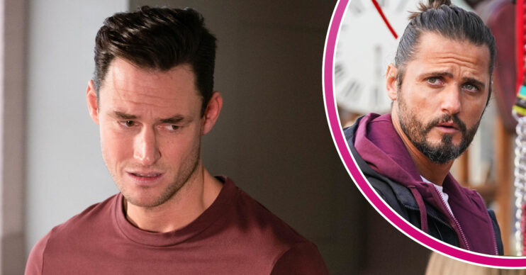 EastEnders' Zack is looking worried and, in a bubble, Brett is looking worried