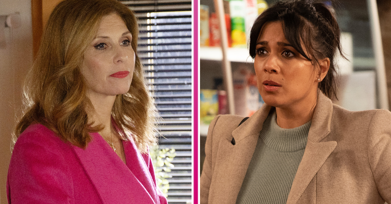 Emmerdale's Bernice is looking thoughtful and Priya is looking worried