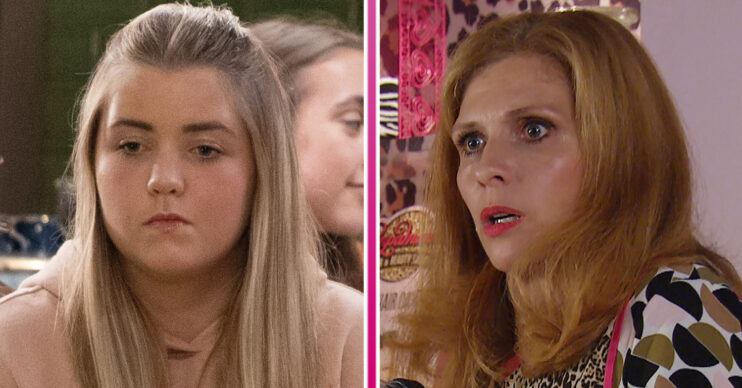 Emmerdale's Cathy is looking upset and Bernice is looking shocked