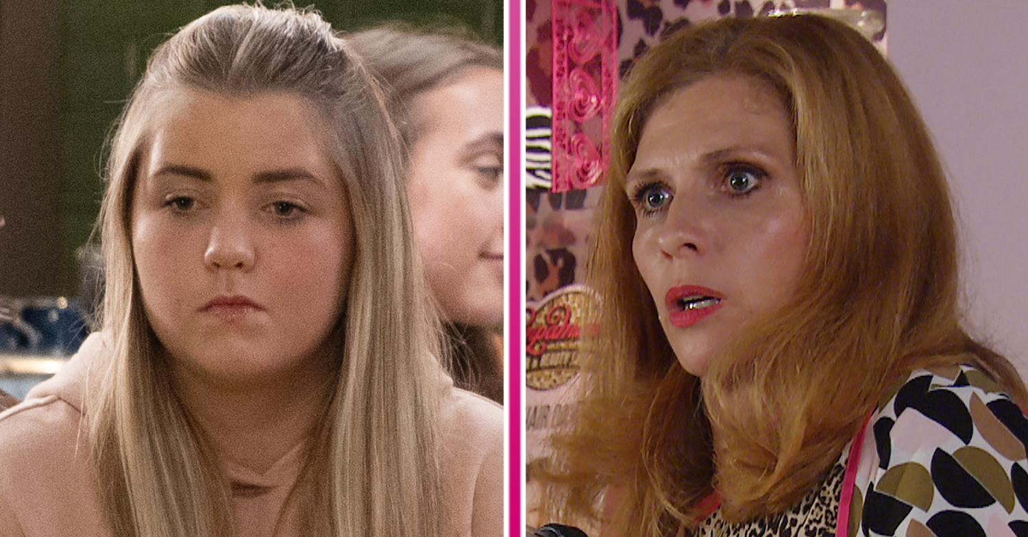 Emmerdale's Cathy is looking upset and Bernice is looking shocked