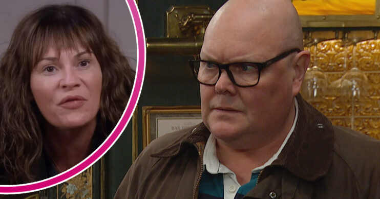 Emmerdale's Paddy is looking at Chas in disbelief and, in a bubble, Chas is looking furious