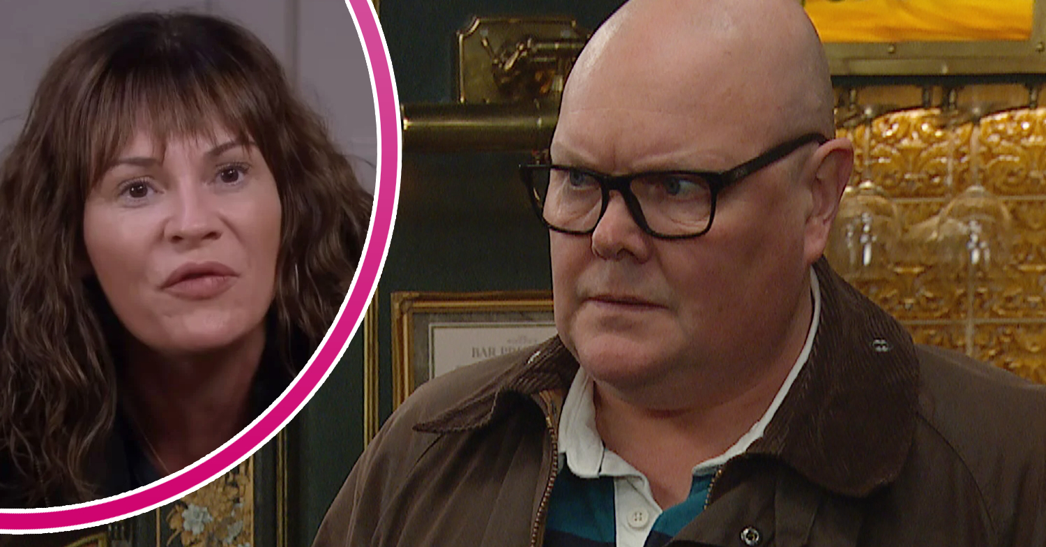 Emmerdale's Paddy is looking at Chas in disbelief and, in a bubble, Chas is looking furious