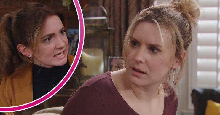Emmerdale's Dawn is looking angry and, in a bubble, Gabby is furious