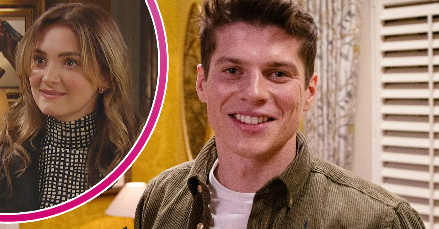 Emmerdale's Nicky is smiling and, in a bubble, Gabby is smiling