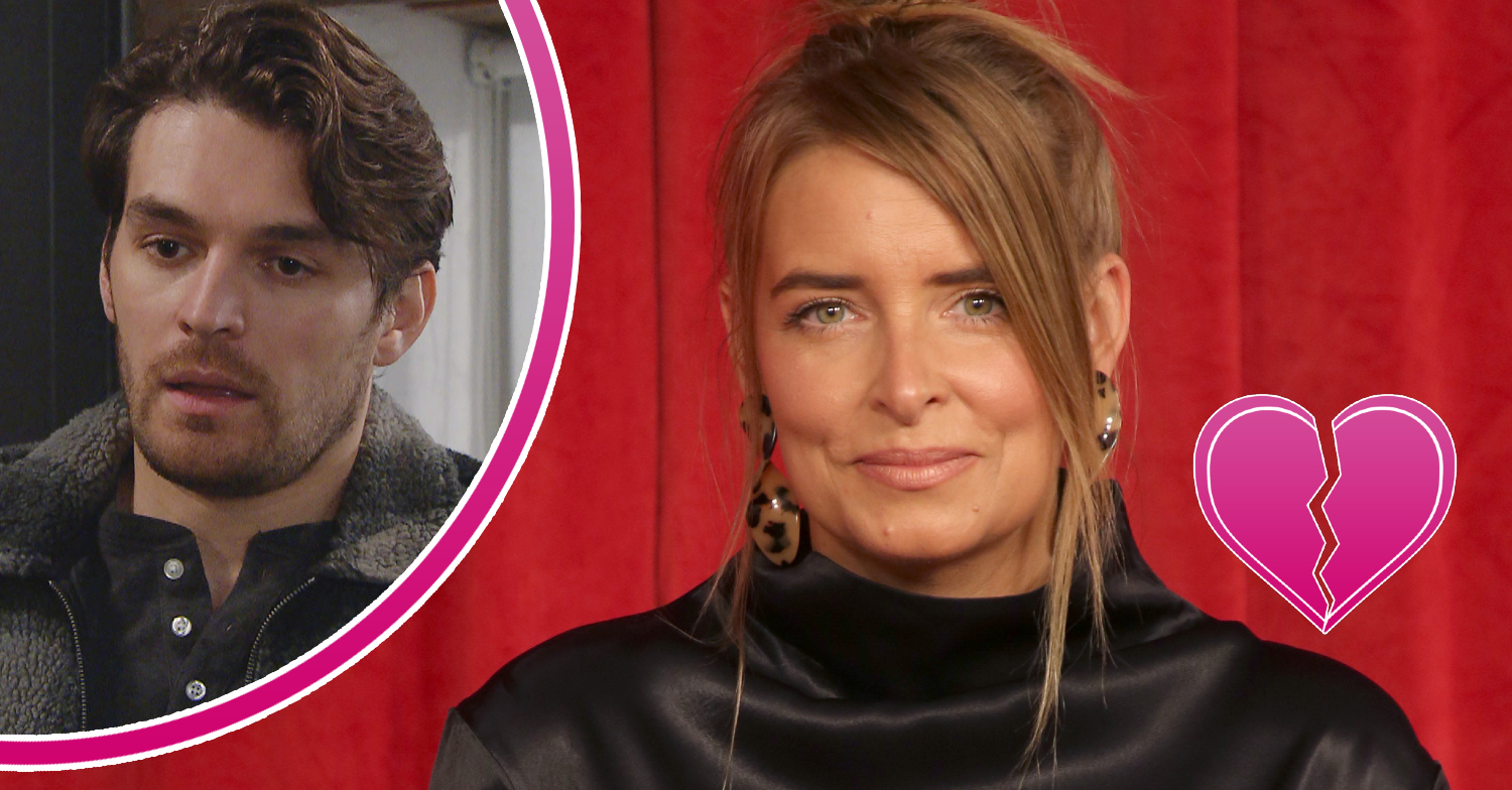 Emmerdale's Emma Atkins is smiling on the red carpet next to a broken heart emoji and, in a bubble, Mack is looking guilty