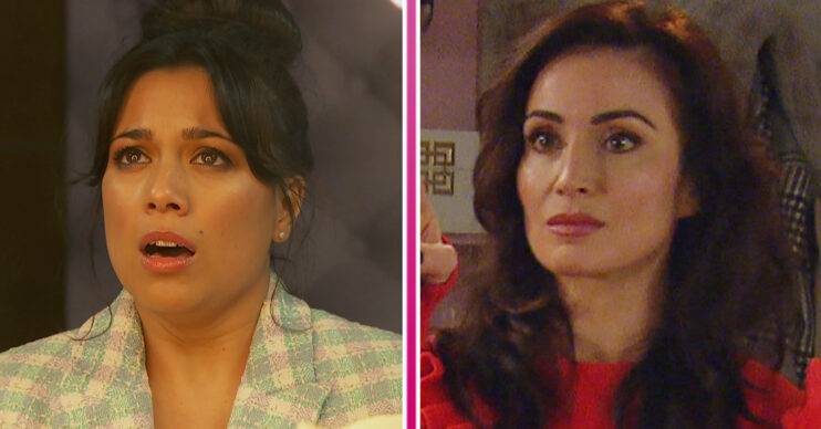 Emmerdale: Priya has her mouth open in horror and Leyla is looking furious