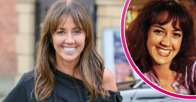 Emmerdale's Sheree Murphy is smiling outside and, in a bubble, Tricia Dingle is smiling