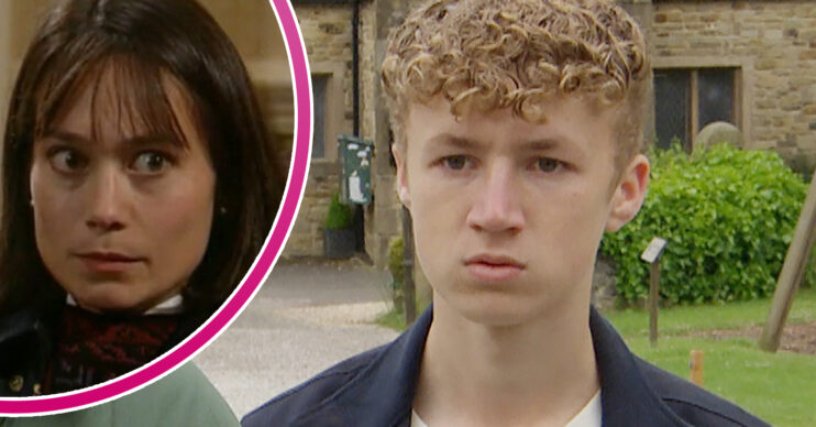 Emmerdale's Noah is looking shocked and, in a bubble, Zoe is looking stunned