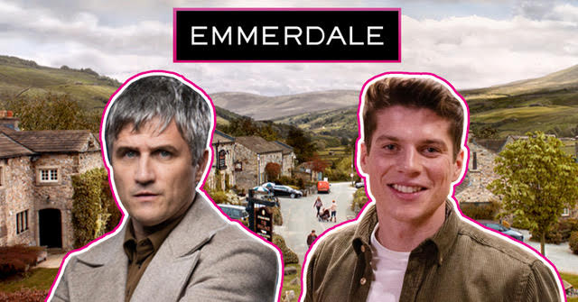 Emmerdale's Caleb and Nicky on an Emmerdale village background with the logo comp shot