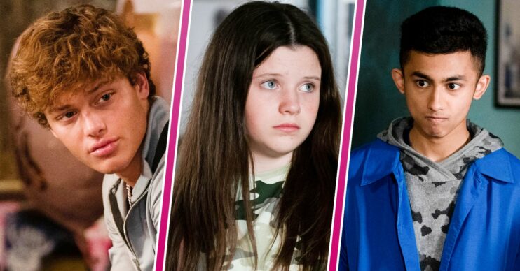 Freddie looking intrigued, Lily looking shot and Nugget looking angry in EastEnders