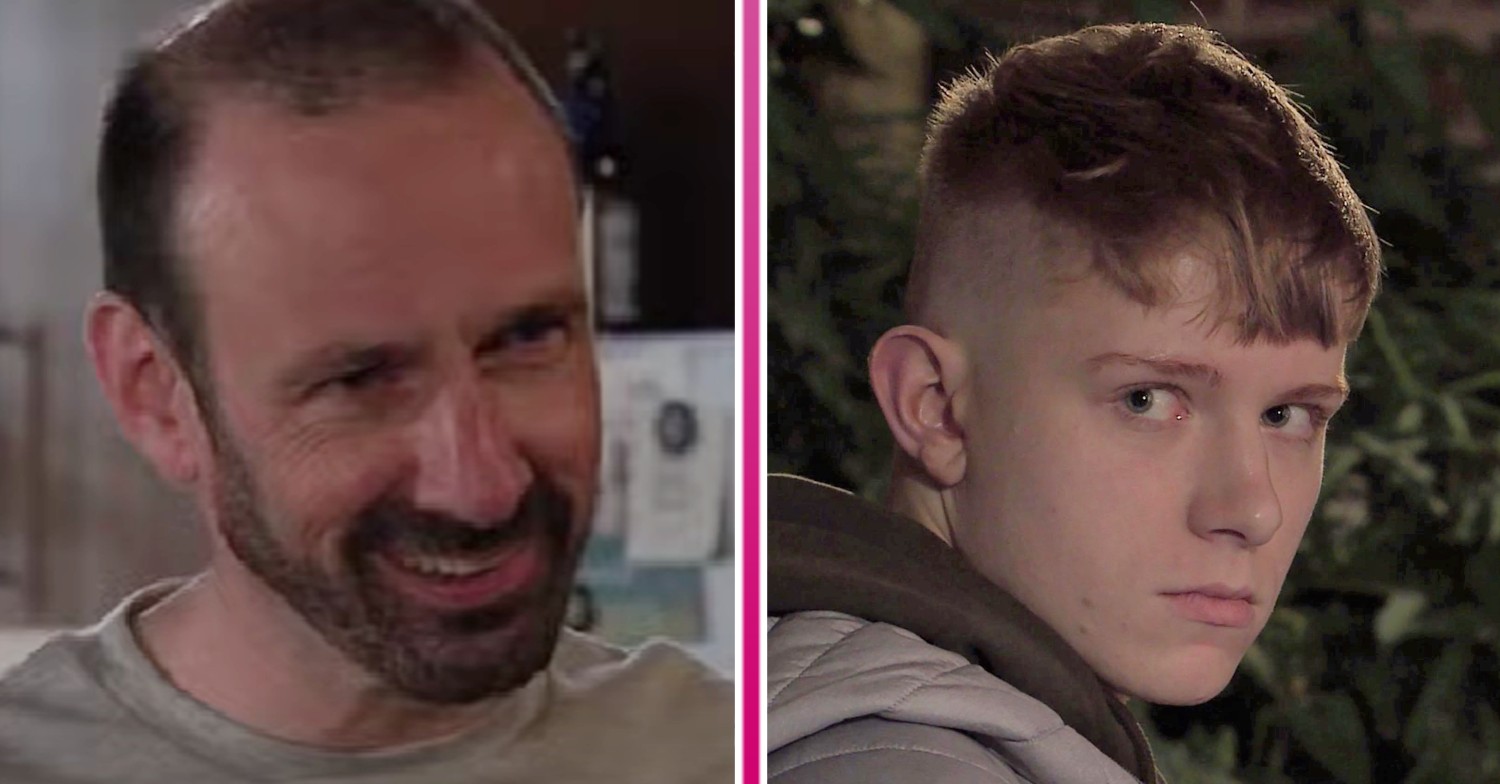Griff smiling and Max looking worried in Coronation Street