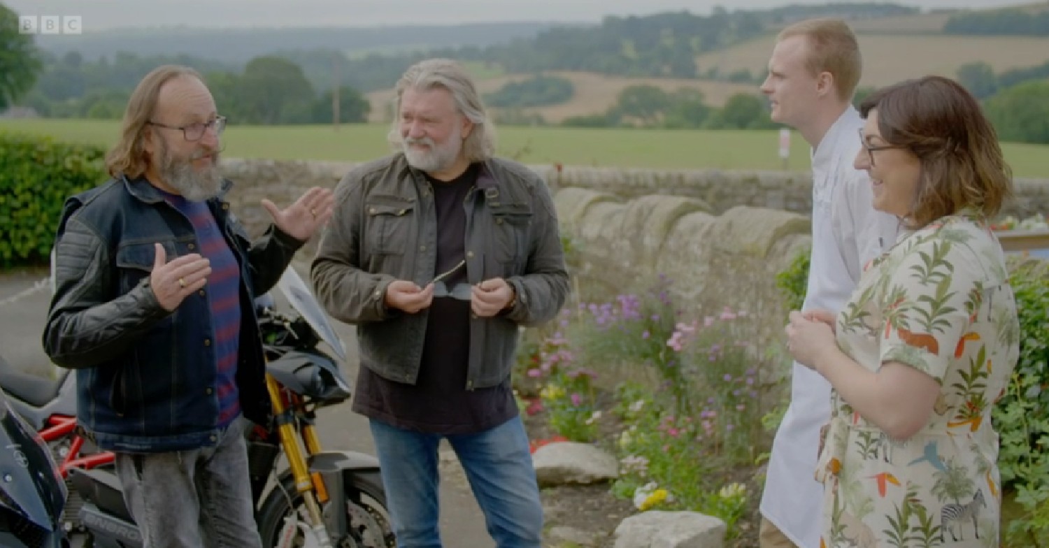 Dave Myers and Si King speaking to guests on Hairy Bikers Go Local