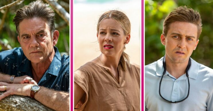 John Michie, Fiona Button and Barney Walsh in the cast of Death in Paradise