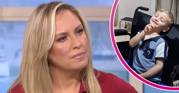 Josie Gibson looking concerned and son Reggie inset