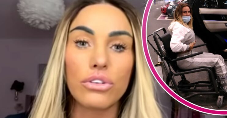 Katie Price talking to camera and in a wheelchair